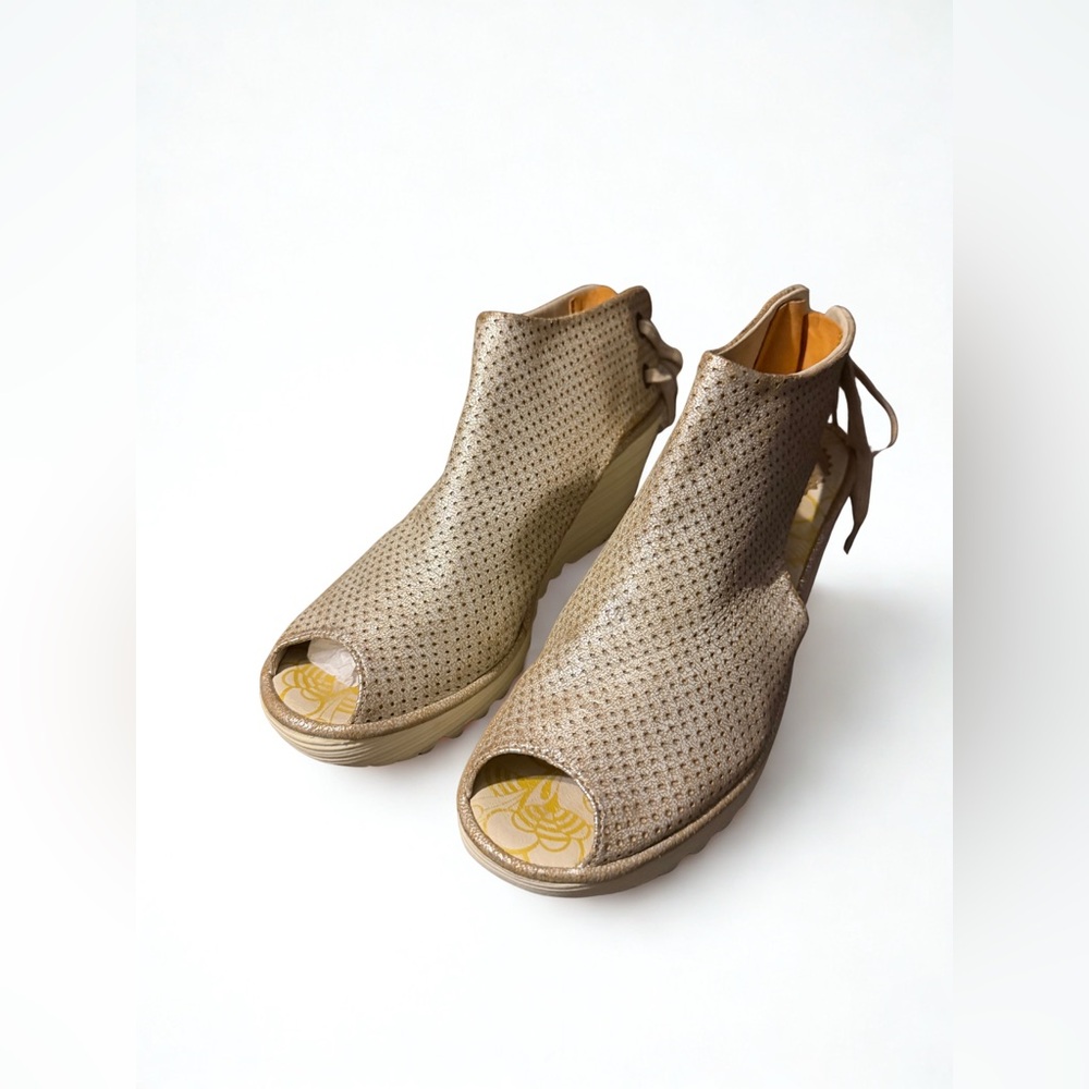 Fly London Taupe Perforated Open-Toe Wedge Sandals